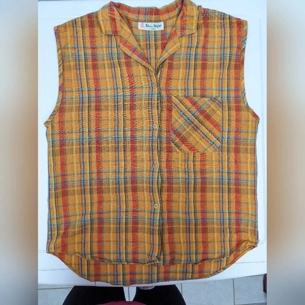 Didier Hagler vintage Madras plaid sleeveless button down shirt size 42 - Picture 2 of 11
